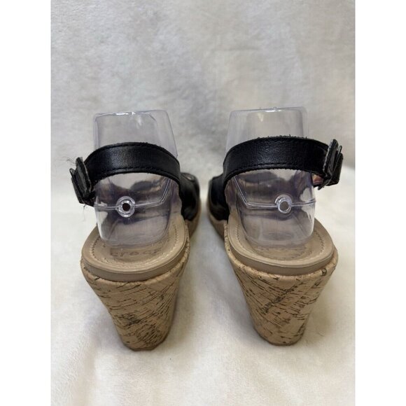 CROCS A-Leigh Black Leather Slingback Strap Cork Wedge Sandals Size 10 - Picture 3 of 12
